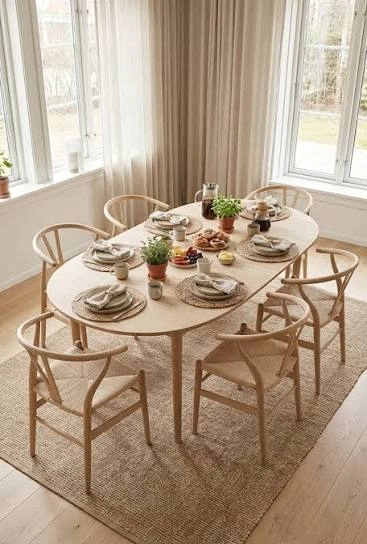 Kanso Oval Scandinavian Oak Dining Table with Wishbone Chairs