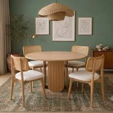 Canto Round Oak Table and Woven Cane Back Dining Chairs