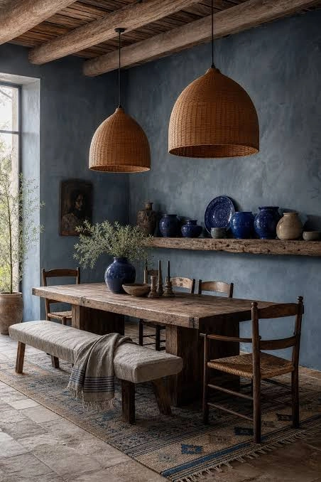 Calder Monumental Timber Dining Table and Bench in Wabi-Sabi Interior